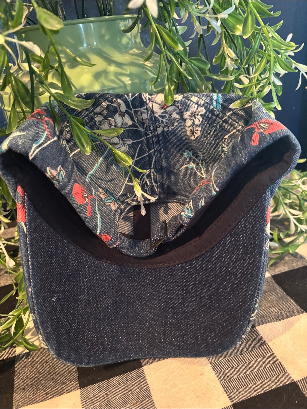 Floral Denim Baseball Cap - Blue with Red & Cream Accents - Picture 3 of 4